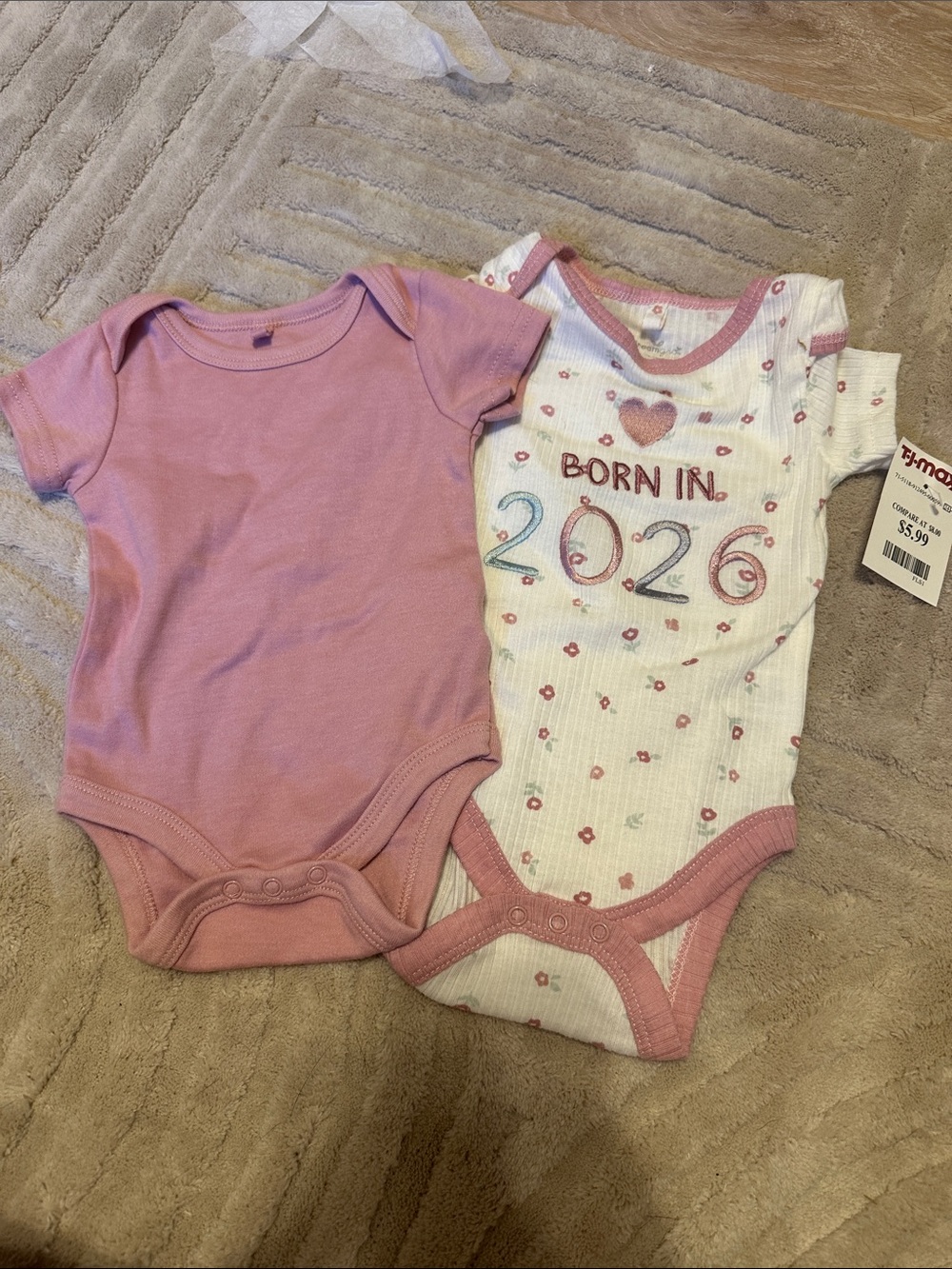 T.J.Maxx Baby Pink and White 'Born in 2026' Two-Pack One-Piece Bodysuits